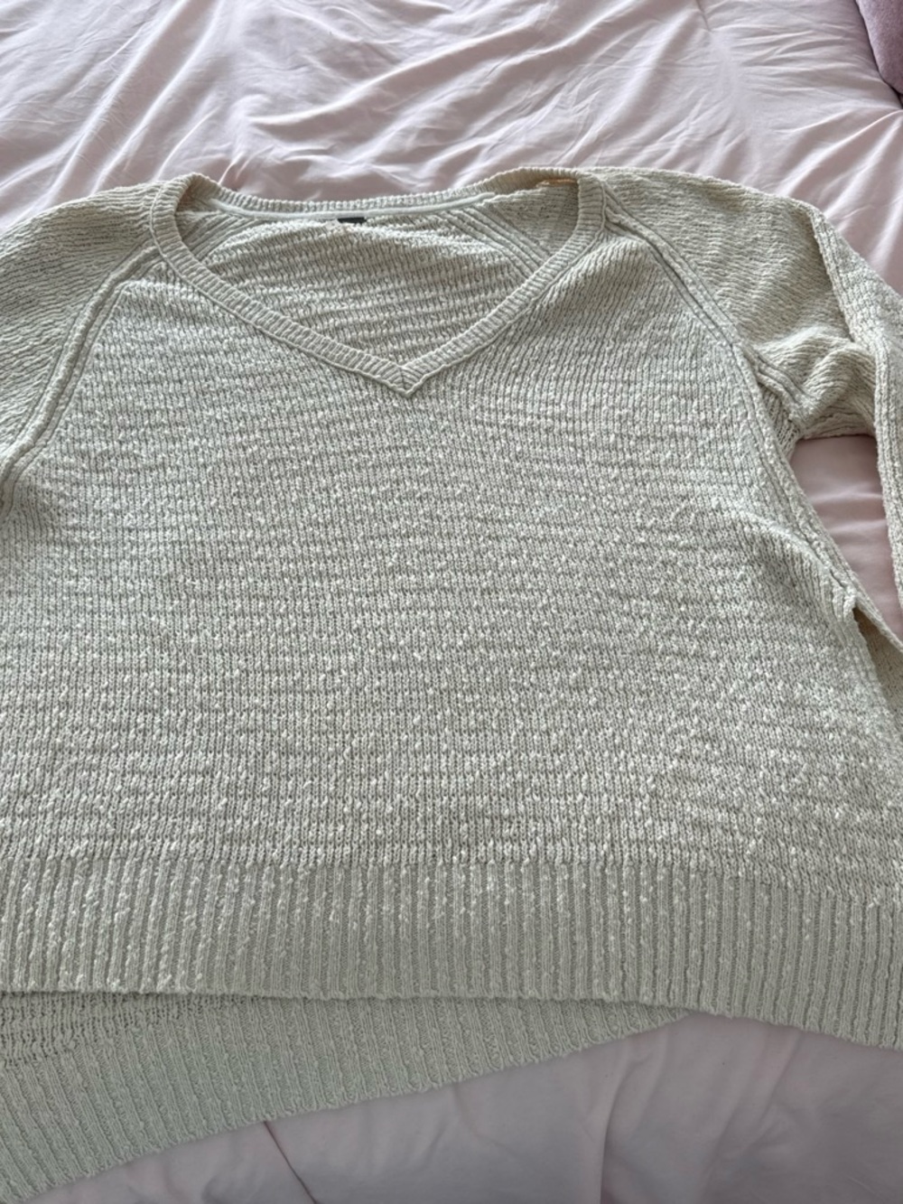 Free People Cream V-Neck Textured Knit Sweater